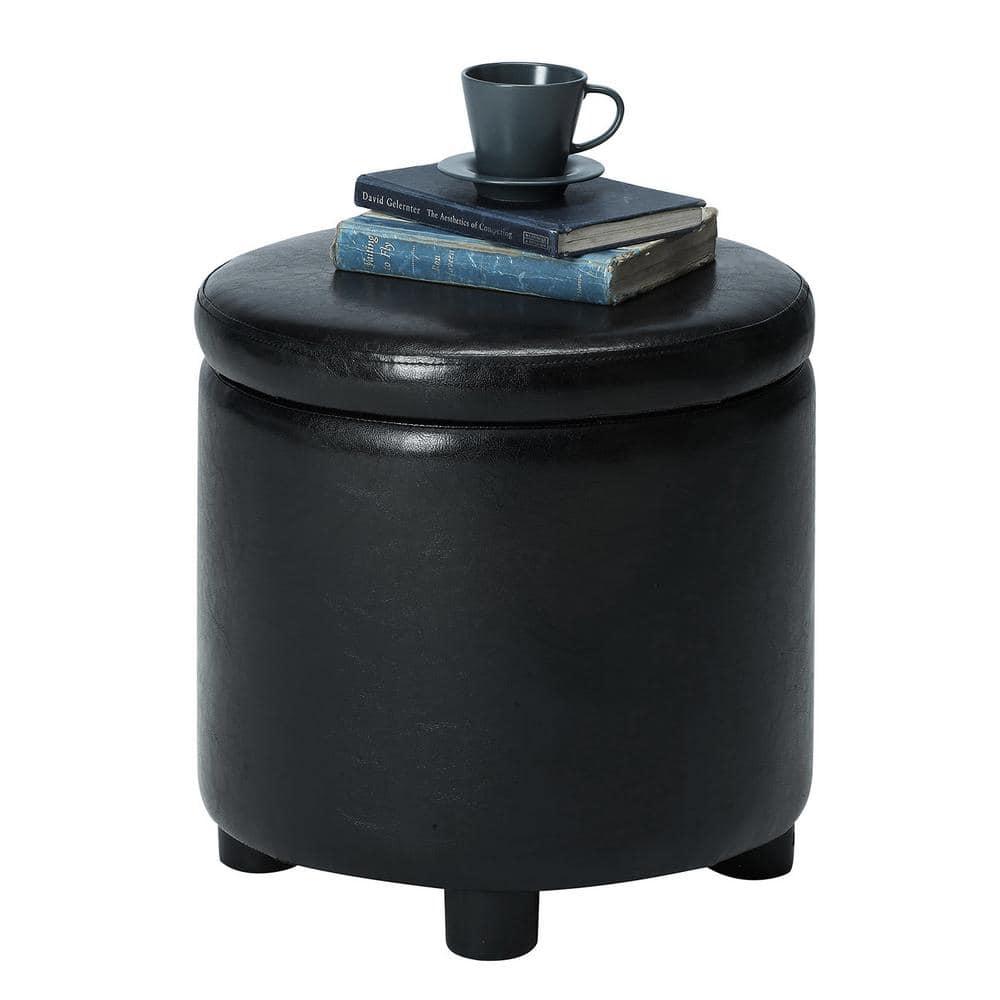 Convenience Concepts Designs4Comfort Round Accent Storage Ottoman with Reversible Tray Lid, Black Faux Leather