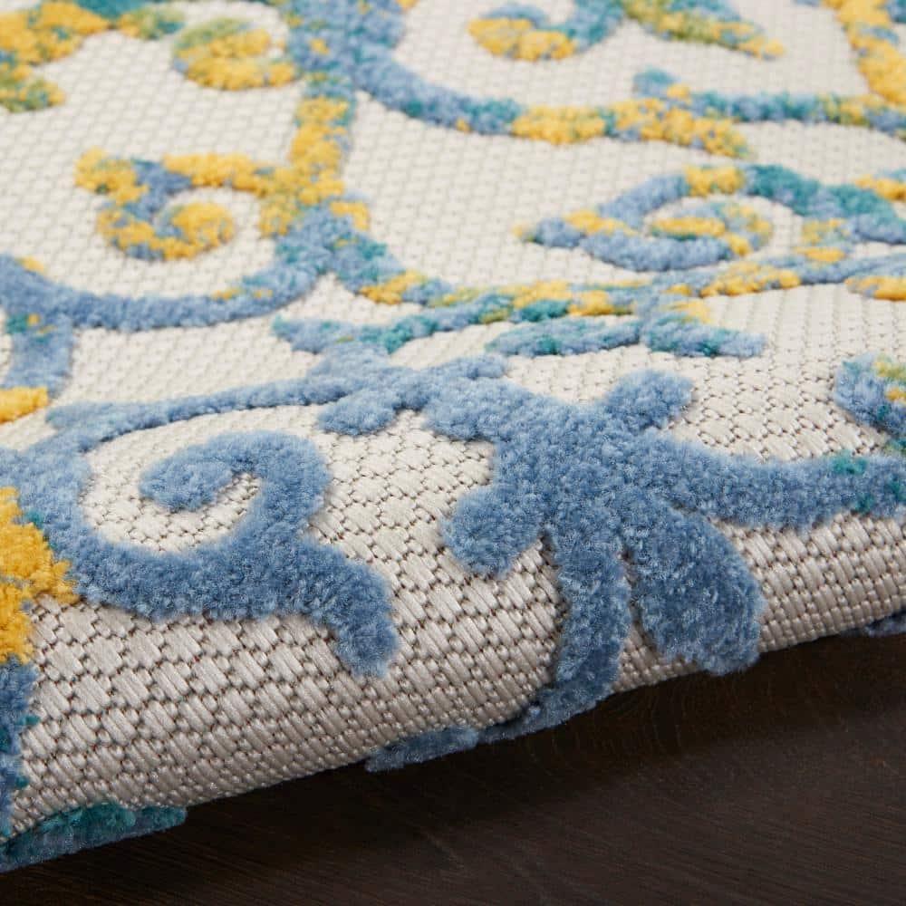 Nourison Aloha Contemporary Scroll Flatweave High-Low Indoor Outdoor Runner Rug Ivory Blue 2'3" x 10'