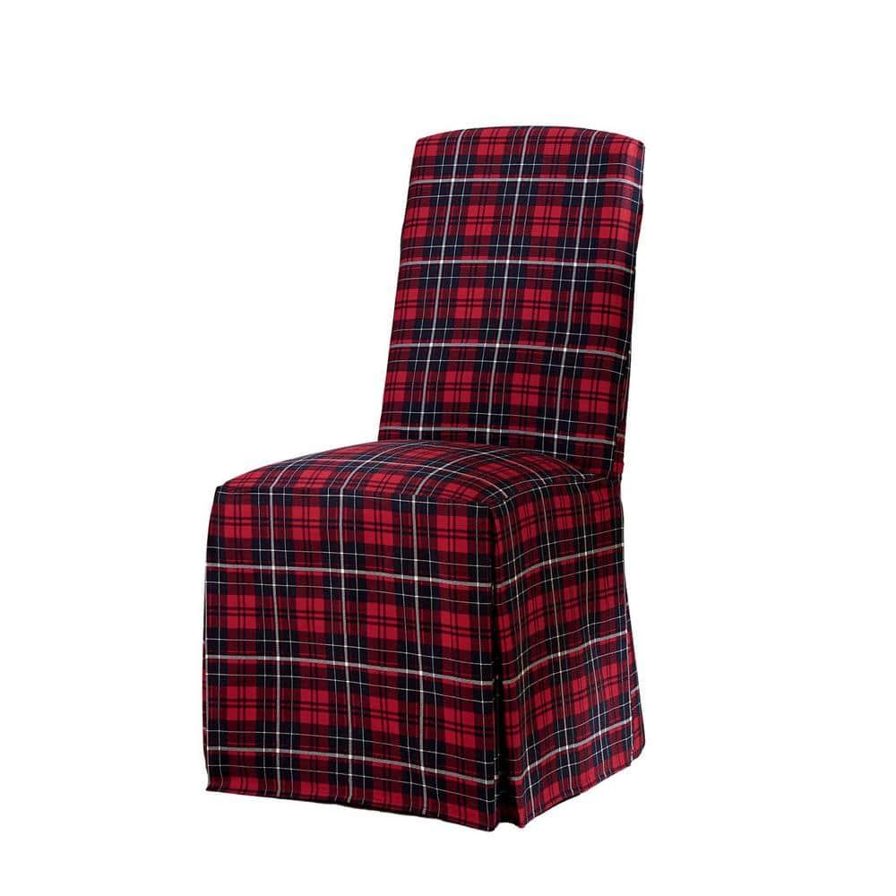Red Plaid Cotton Canvas Long Dining Chair Slipcovers, Set of 2