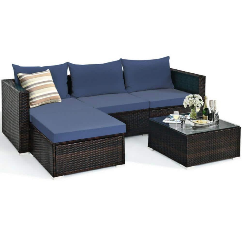 Kepooman Patio Furniture Sofa Set, Outdoor Conversation Sets, 5 Pieces Patio Rattan Sectional Furniture Set with Cushions and Coffee Table -Navy