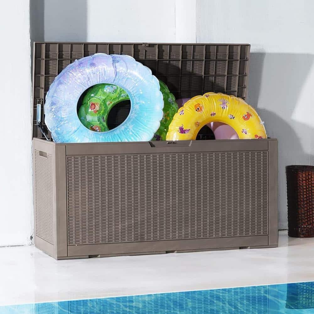 Sunnydaze Outdoor Deck and Patio Storage Box with Rattan Design - 100 Gal. - Driftwood