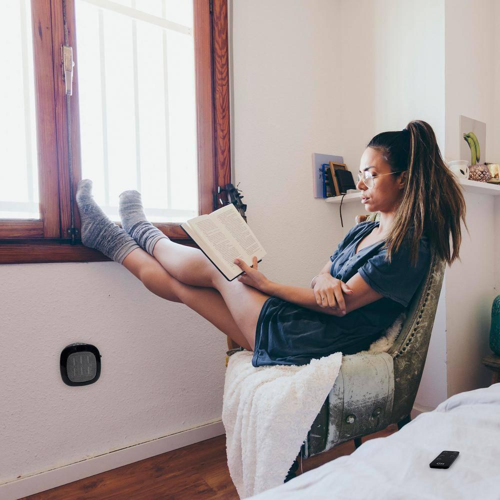 Good Housekeeping Wall-Mount Indoor Space Heater, Portable Electric Mini Heater w/ Adjustable Thermostat & Remote Control, 750W, Black