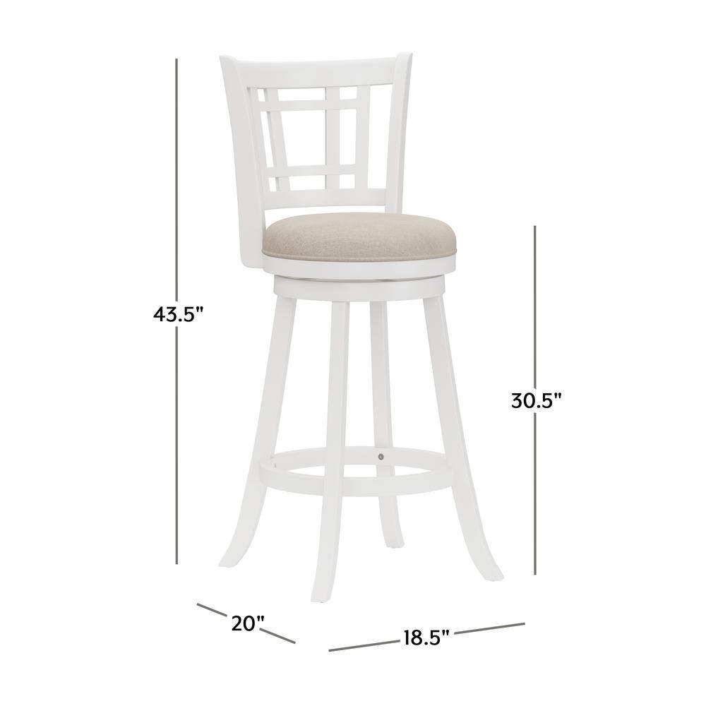 Elegant White Swivel Bar Stool with Beige Fabric Seat and Wood Accents