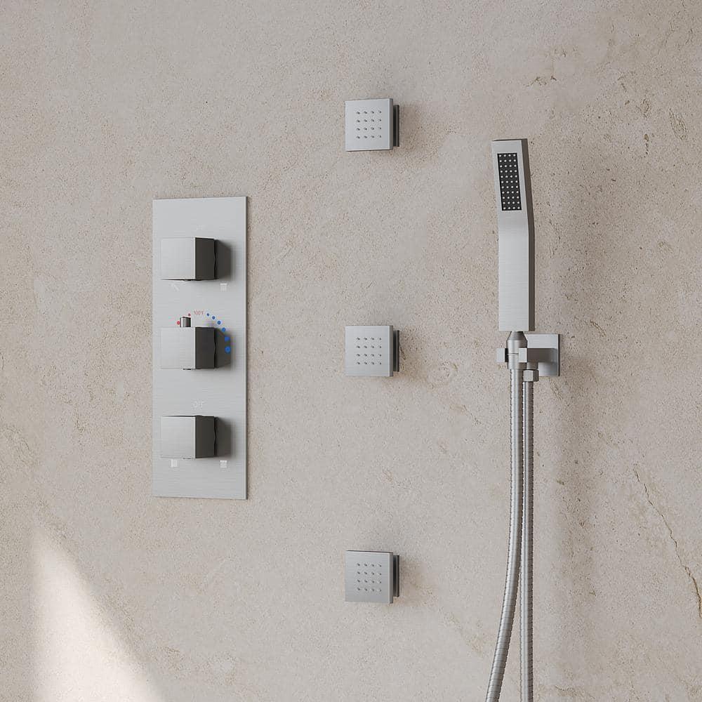 Thermostatic Dual Heads with 12" Rain Shower Faucet, Hand Shower and 3 Body Jets Matte Black