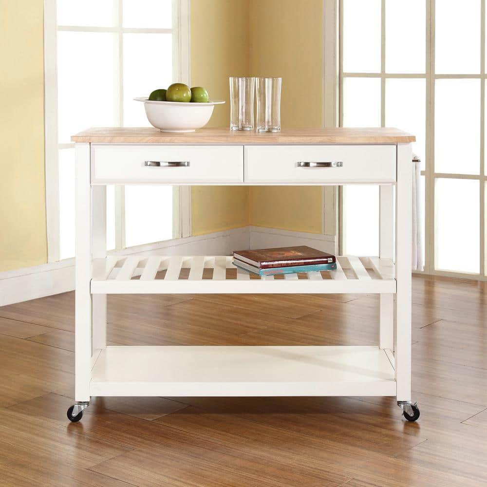 Crosley Natural Wood Top Kitchen Cart/Island with Optional Stool Storage  White : Solid Hardwood, Mobile Storage