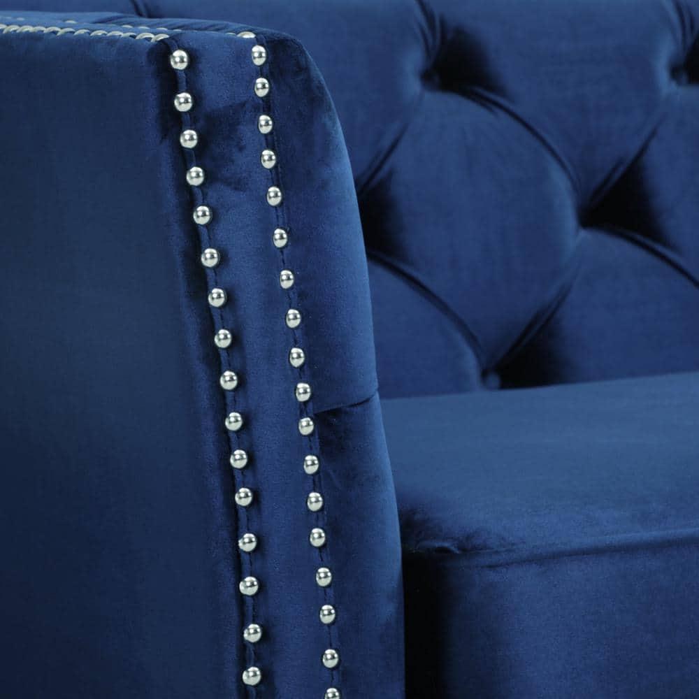 Noble House Claridge Button Tufted Velvet Sofa, Midnight Blue, Dark Brown