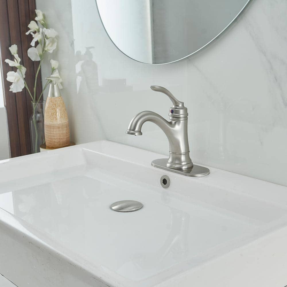 BWE Brushed Nickel Bathroom Faucet 1 Hole Single Handle Bathroom Sink Faucet with Brass Pop Up Drain and Supply Line High Arc Bath Vanity Faucet for Lavatory Mix Tap