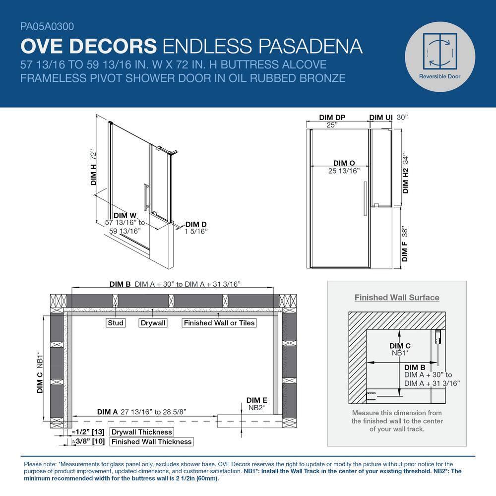 Endless Pasadena 59" W x 72" H Buttress Alcove Shower Kit, Door, Panel