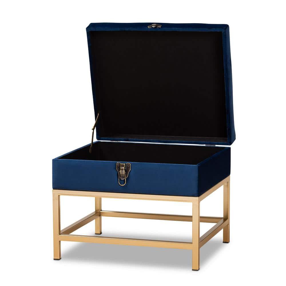 Baxton Studio Aliana Fabric and Metal Ottoman Navy Blue/Gold  Velvet Upholstered Bench, No Assembly Required