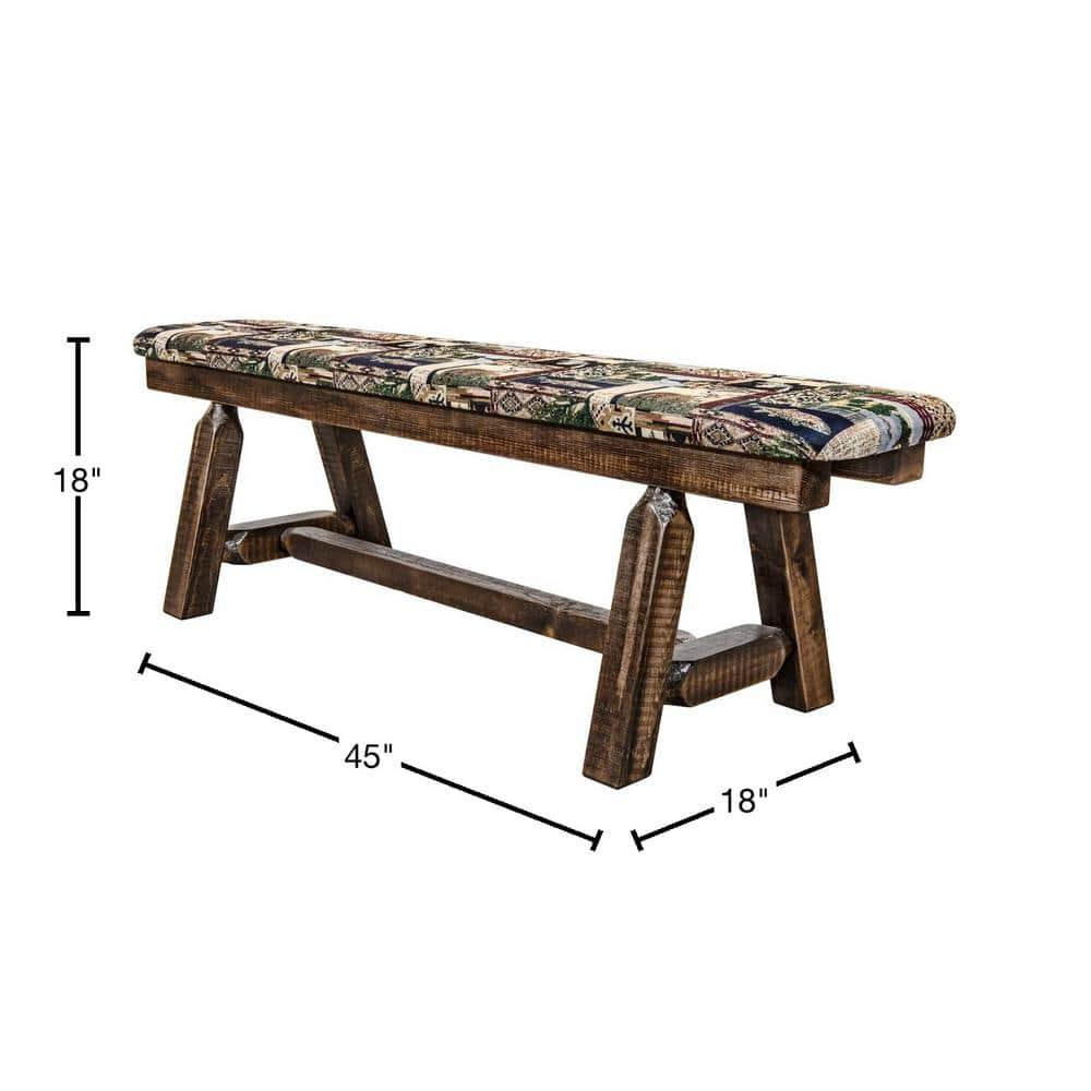 45 in. Homestead Collection Plank Style Bench with Woodland Upholstery, Stain & Clear Lacquer Finish
