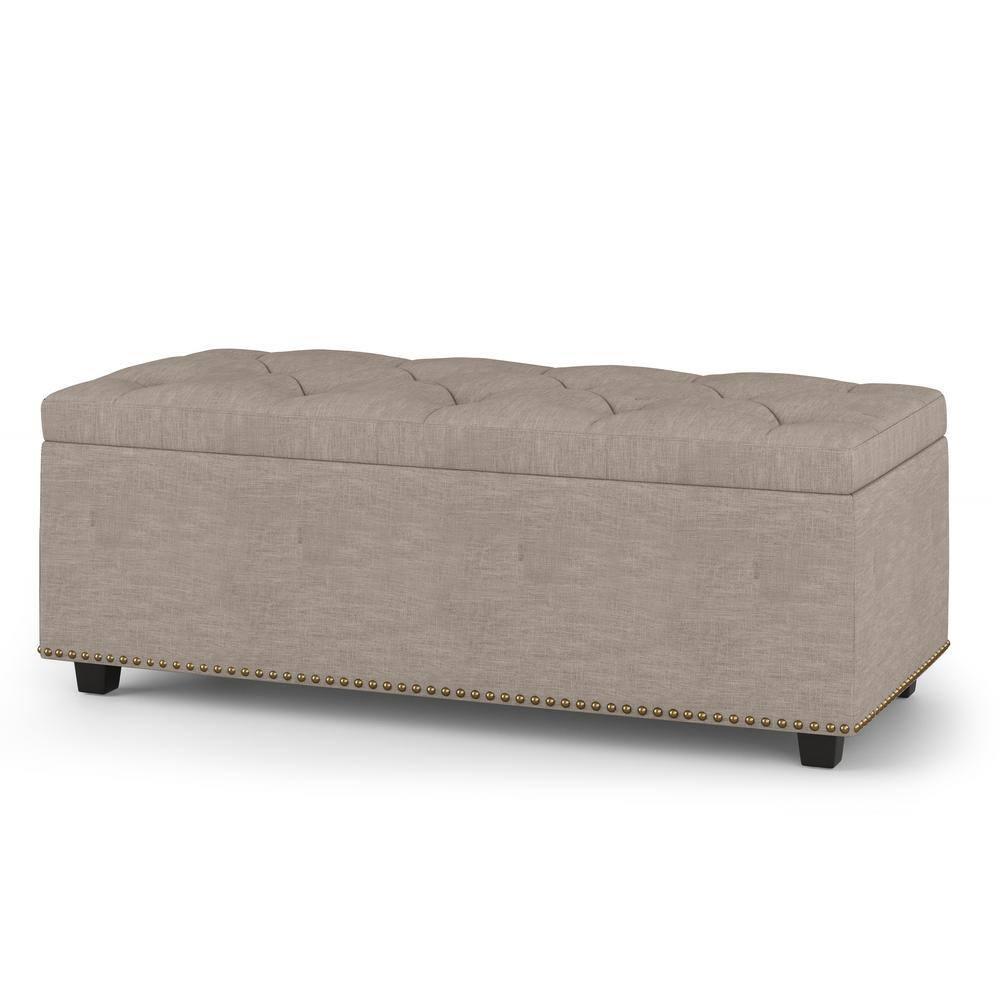 Simpli Home Hamilton 44"W Upholstered Lift-Top Storage Ottoman with Nailhead Trim and Tufted Detailing