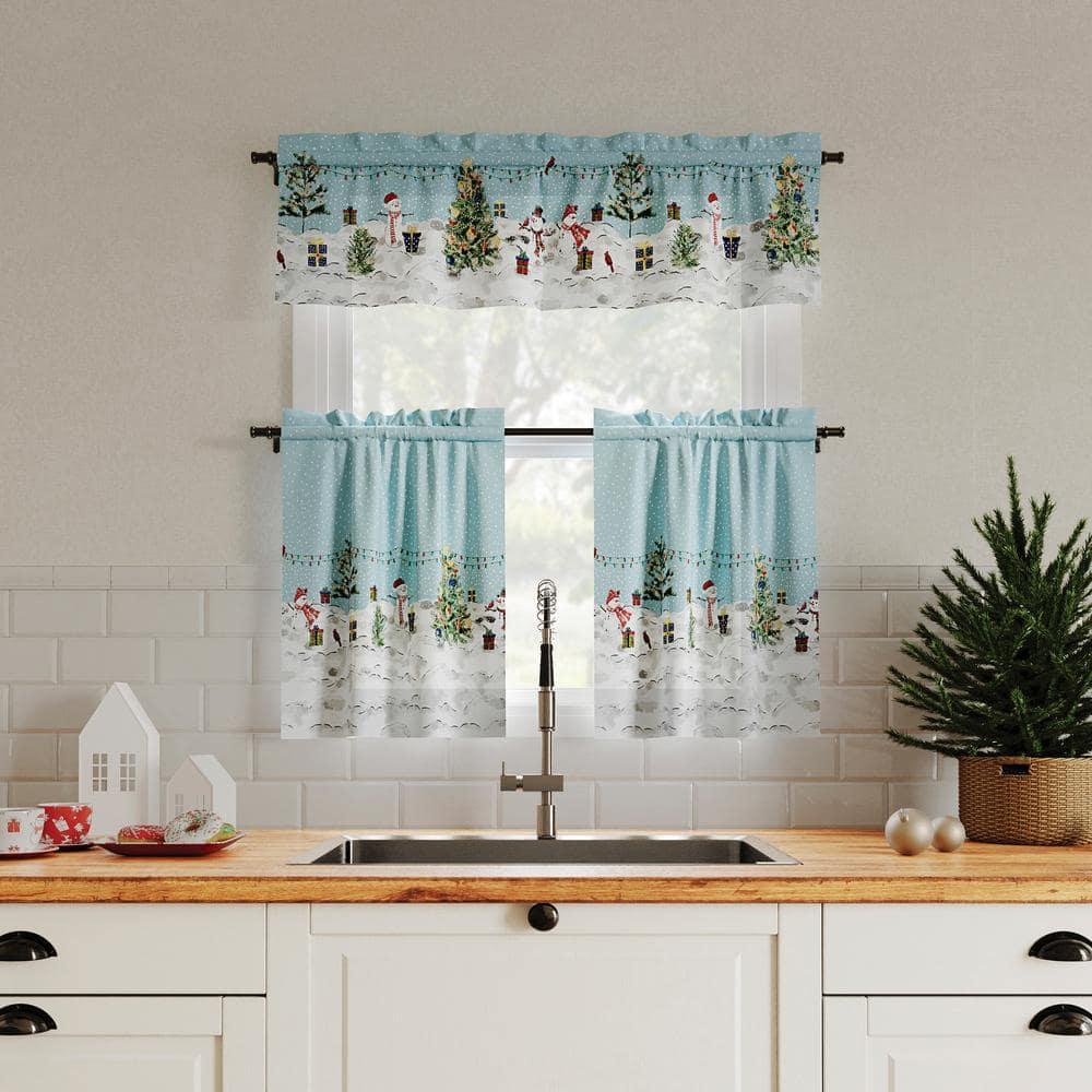 No. 918 Holiday Wonderland 1-Piece Semi-Sheer Rod Pocket Kitchen Curtains, 54"x14", Blue