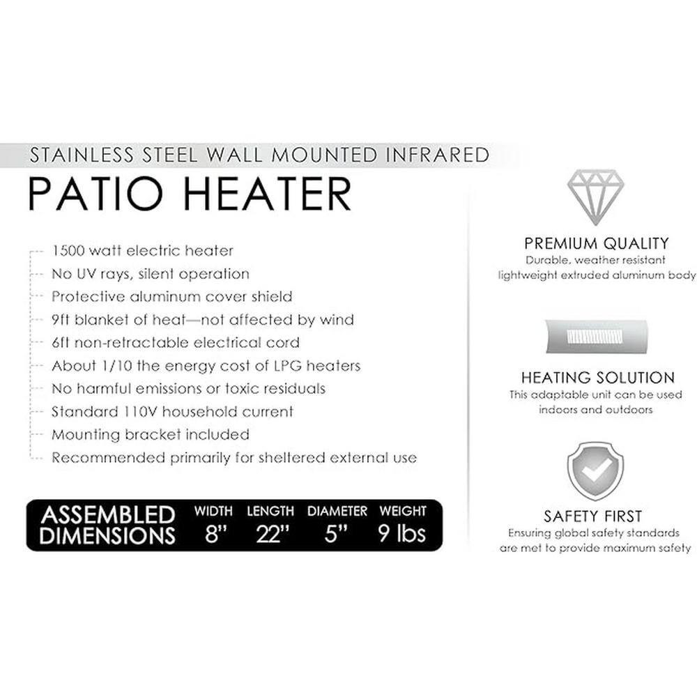 Fire Sense Wall Mounted Infrared Patio Heater 1500W Weatherproof for Indoor Outdoor-Stainless Steel