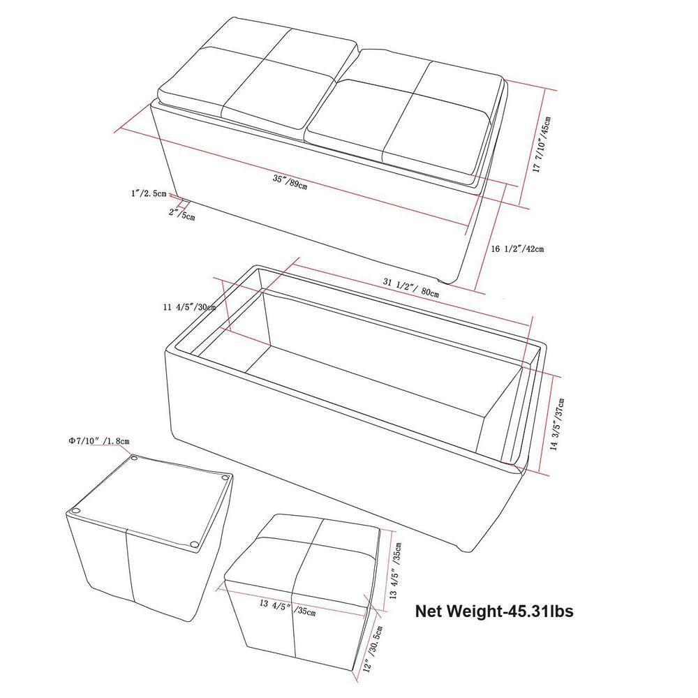 Simpli Home Avalon 35"W Upholstered Storage Ottoman Set with 5 Pieces and Flip-Over Serving Tray Lids