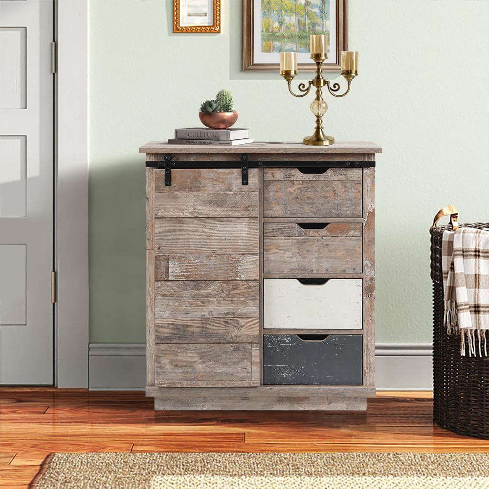 LuxenHome Rustic Wood 4-Drawer 1-Sliding Door Storage Cabinet Brown, White, Gray