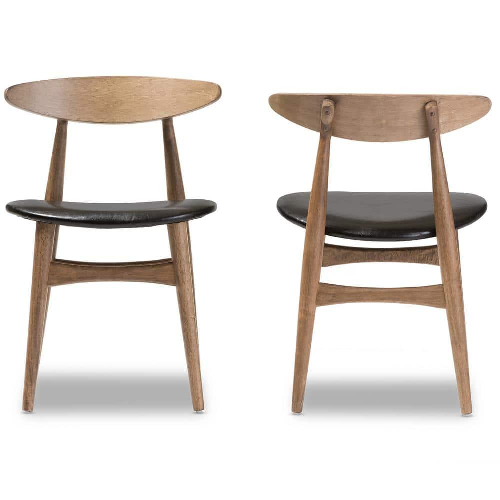 Set of 2 Edna Mid-Century Modern Dining Chairs: Black Faux Leather & Oak - Baxton Studio