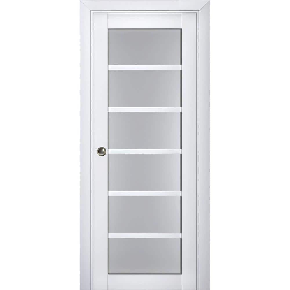 Sliding French Pocket Door with Frosted Glass | Veregio 7602 White Silk | Kit Trims Rail Hardware | Solid Wood Interior Bedroom Sturdy Doors-36" x 96"