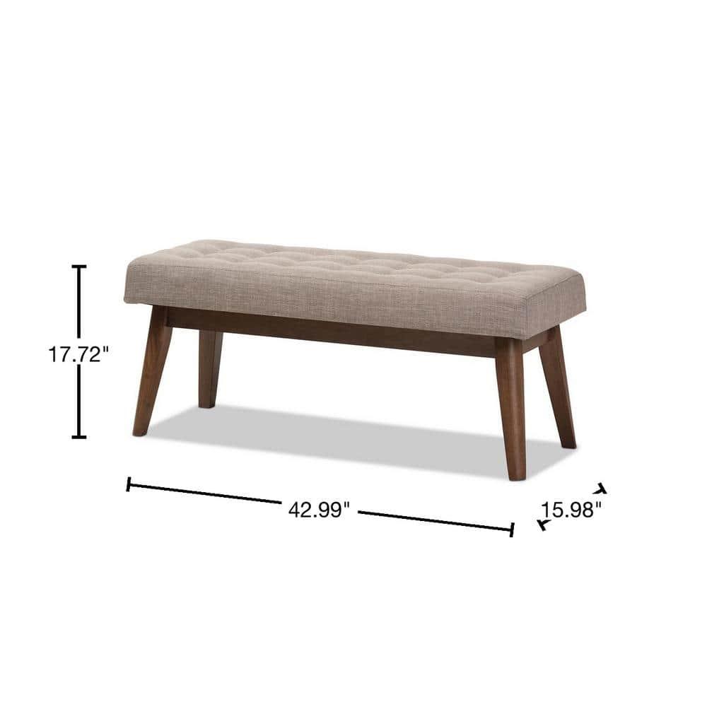 Elia Mid Century Modern Walnut Wood Fabric Button Tufted Bench Light Gray - Baxton Studio
