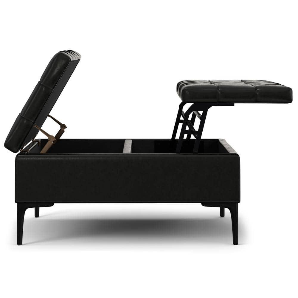 Simpli Home Laura 36"W Upholstered Square Storage Ottoman with Split Lift Top and 2 Storage Compartments