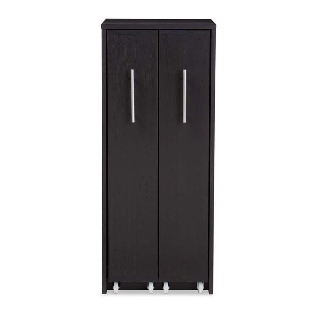 Baxton Studio Lindo Wood Bookcase with Two Pulled-out Doors Shelving Cabinet - Dark Brown: Media Storage, 10 Shelves, 54.25" Height