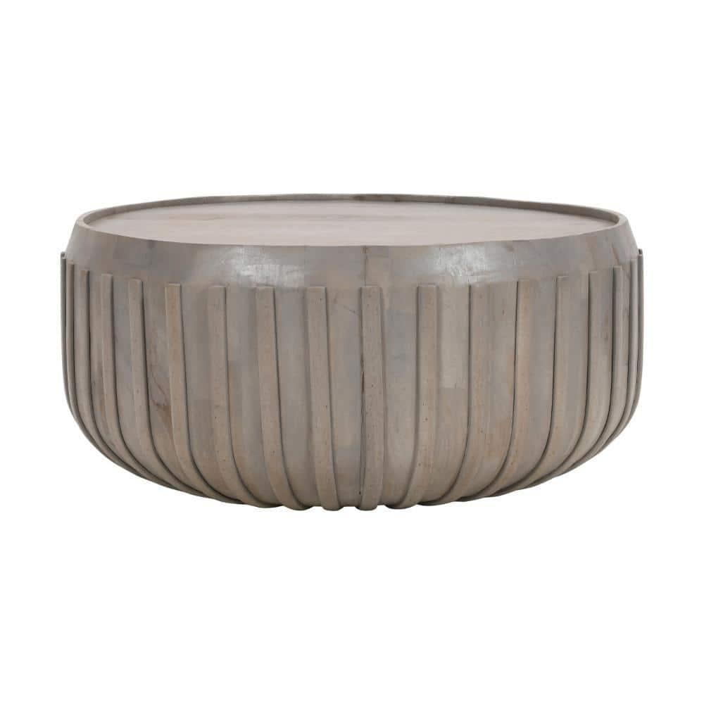 The Urban Port 36" Coffee Table Handcrafted Drum Shape with Ribbed Edges Gray Mango Wood Gray