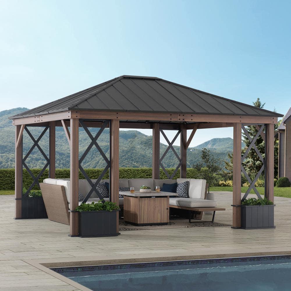 Sunjoy 13 ft. x 15 ft. Hardtop Gazebo, Outdoor Black Steel Roof Gazebo Aluminum Framed Gazebo with Planters and Ceiling Hook for Patio, Garden, and Backyard Activities