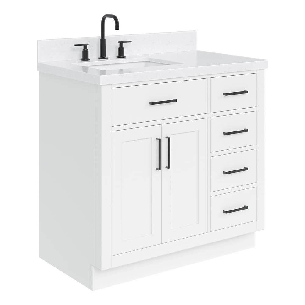 Wildon Home® Tidworth 36'' Solid Wood Single Bathroom Vanity with 1.5'' Carrara Quartz Top, Right Offset Rectangular Sink