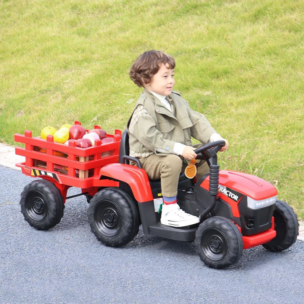 12V Kids Ride On Tractor with Trailer, Battery Powered Electric Car with Music, USB, Music, LED Lights