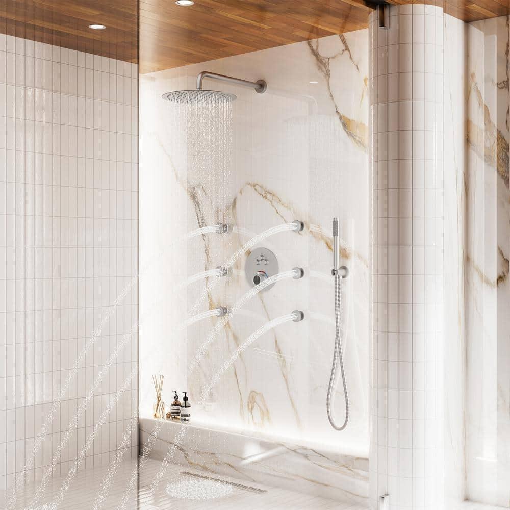 Wall Mounted Thermostatic Complete Rainfall Shower System with 6 Body Jets and Rough-in Valve