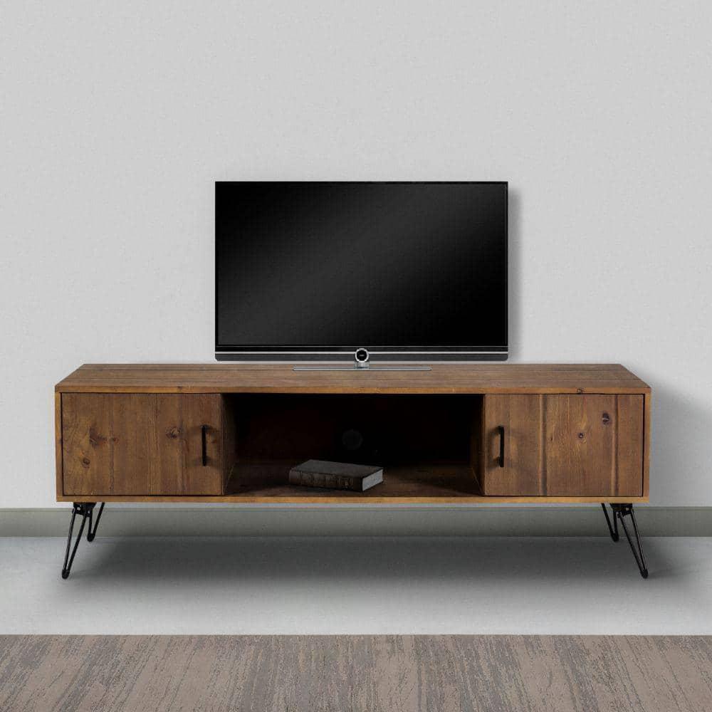 60 Inch Reclaimed Wood Rectangle Farmhouse Tv Stand Media Console, 2 Doors, Iron Legs, Natural Brown