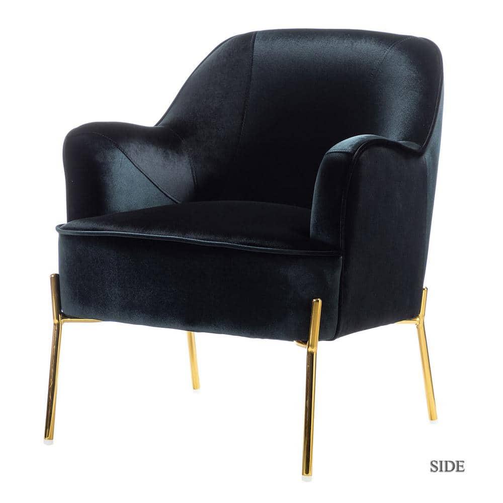 Elegant Black Velvet Curved Backrest Accent Chair with Golden Metal Legs