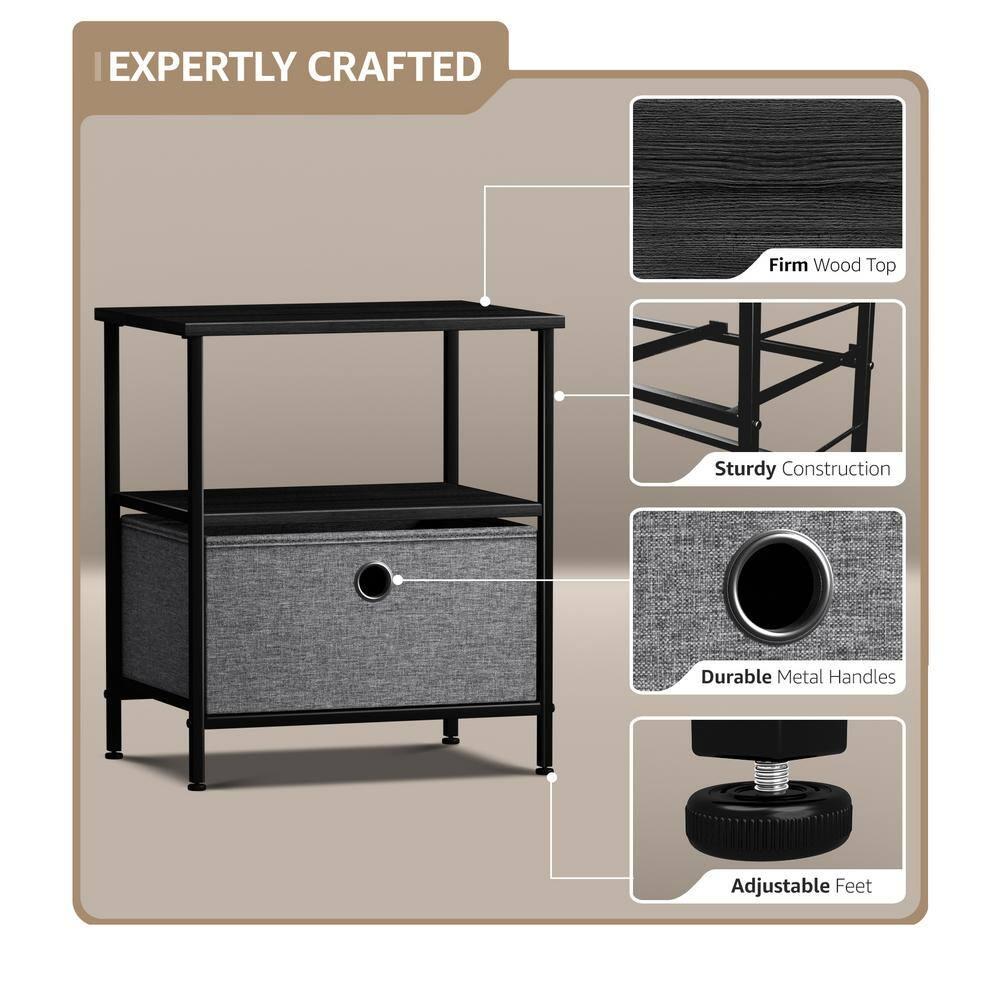 Sorbus 1 Drawer and Shelves Nightstand with Steel Frame, Wood Top & Fabric Bins