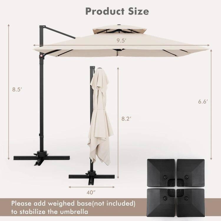 Tangkula Patio 9.5FT Square Cantilever Offset Umbrella Double Vented 360° Heavy Duty Beige