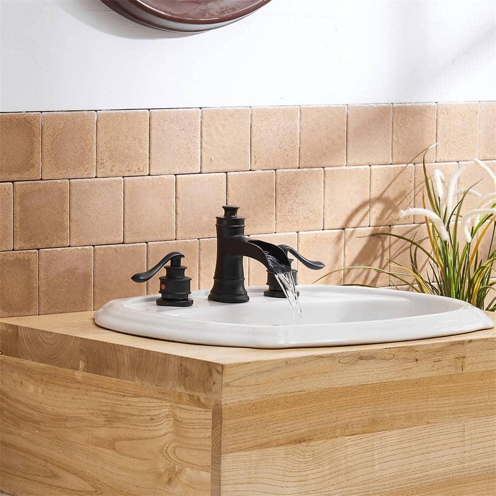 Black Bathroom Faucet Widespread Bathroom Faucets for Sink 3 Hole Matte Black 8 Inch Two Handle Matching Pop Up Drain Stopper Waterfall Farmhouse Lavatory Water Supply Line by Bathfinesse