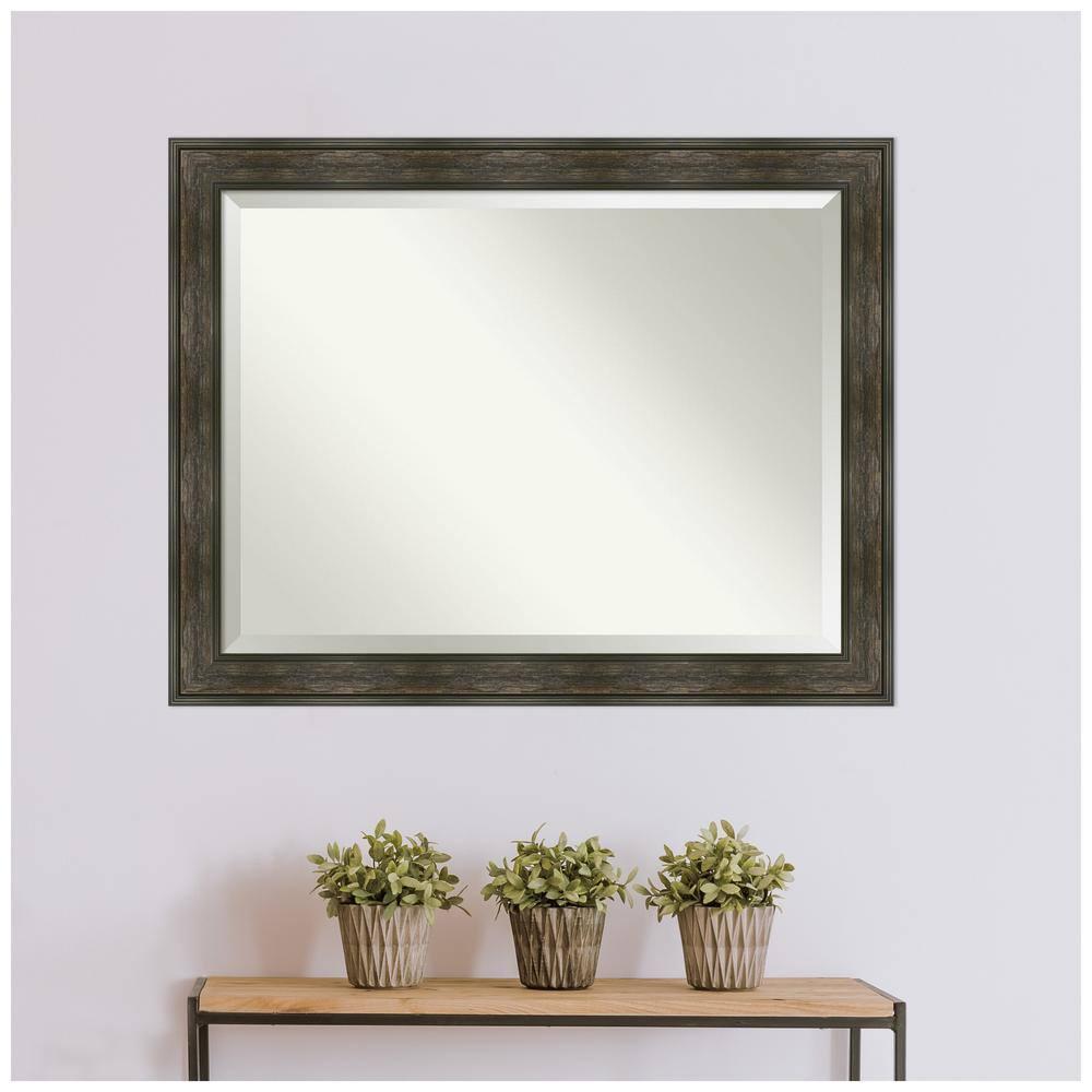 Amanti Art Beveled Bathroom Wall Mirror - Rail Rustic Char Frame - Rail Rustic Char Outer Size: 46 x 36 in