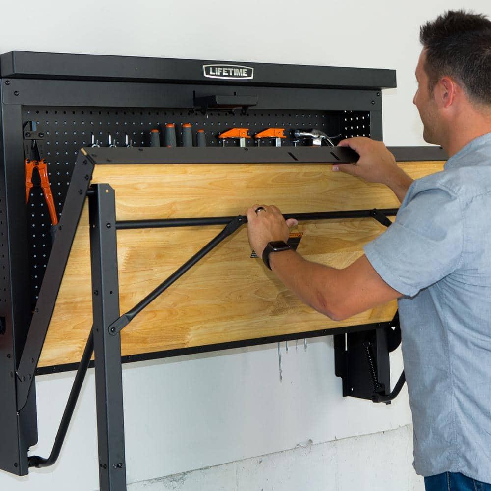 Lifetime Wall Mounted Pegboard Shelf Storage Wood and Steel Folding Work Table
