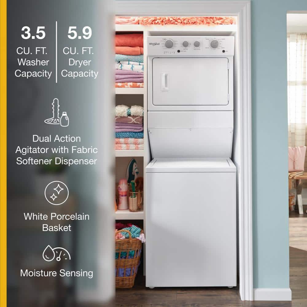 Whirlpool® WET4027HW -3.5 Cu. ft Electric Stacked Laundry Center 9 Wash cycles and Auto Dry™ - Depth: 28 3/8” - Height: 40 1/2” - Width: 29” - HE Soap Certified - Xpert System