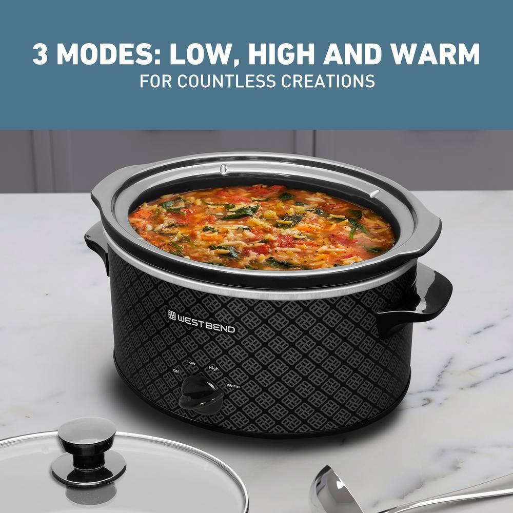 West Bend Slow Cooker 4-Quart Manual Crockery Style with Oval Ceramic Crockpot and Glass Lid, 210-Watts, Black