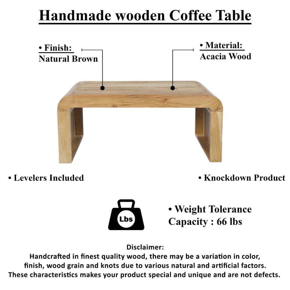 The Urban Port UPT-314336 36 in. Cascade Natural Acacia Wood Rectangular Curved Waterfall Top Coffee Table, Brown