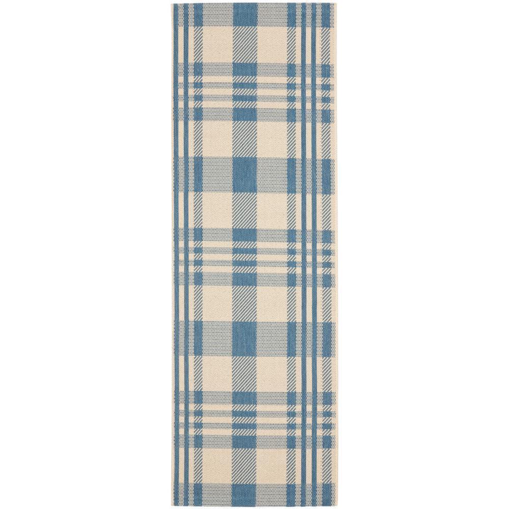 SAFAVIEH Courtyard Benjamin Plaid Indoor/Outdoor Runner Rug, 2'3" x 6'7", Beige/Blue