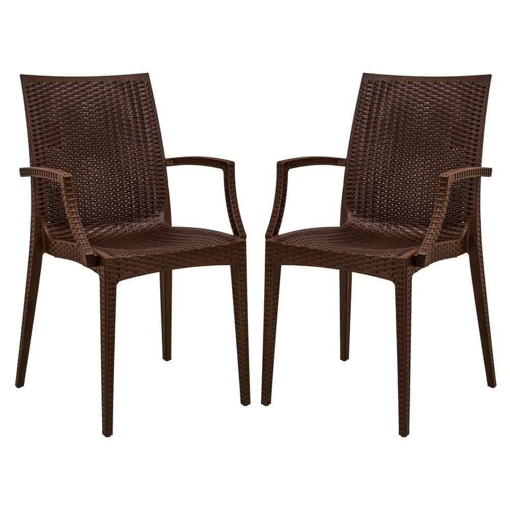 LeisureMod Mace Modern Dining Arm Chair for Indoor and Outdoor Home, Set of 2 in Brown