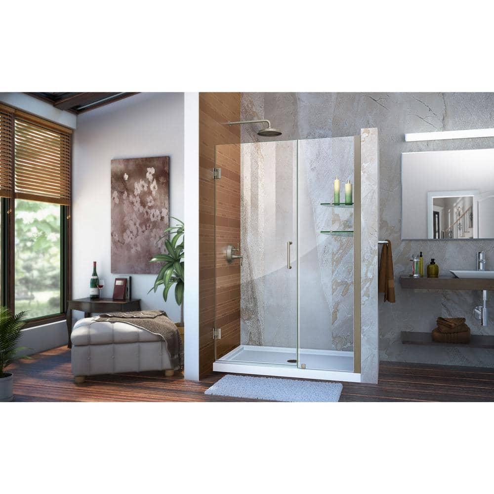 Unidoor Frameless Hinged Shower Door with Glass Shelves