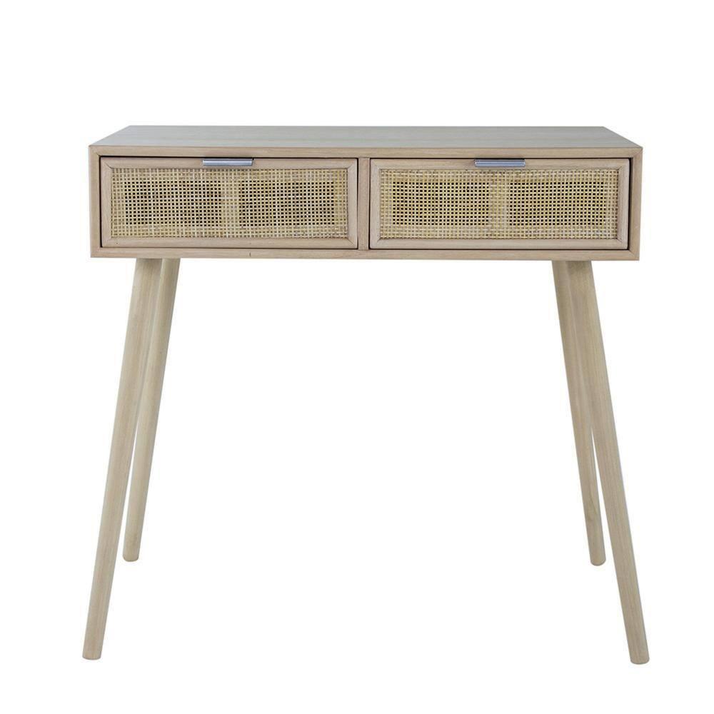 Pia 32 Inch Wood Console Table, 2 Drawers, Woven Rattan, Natural Brown - Saltoro Sherpi