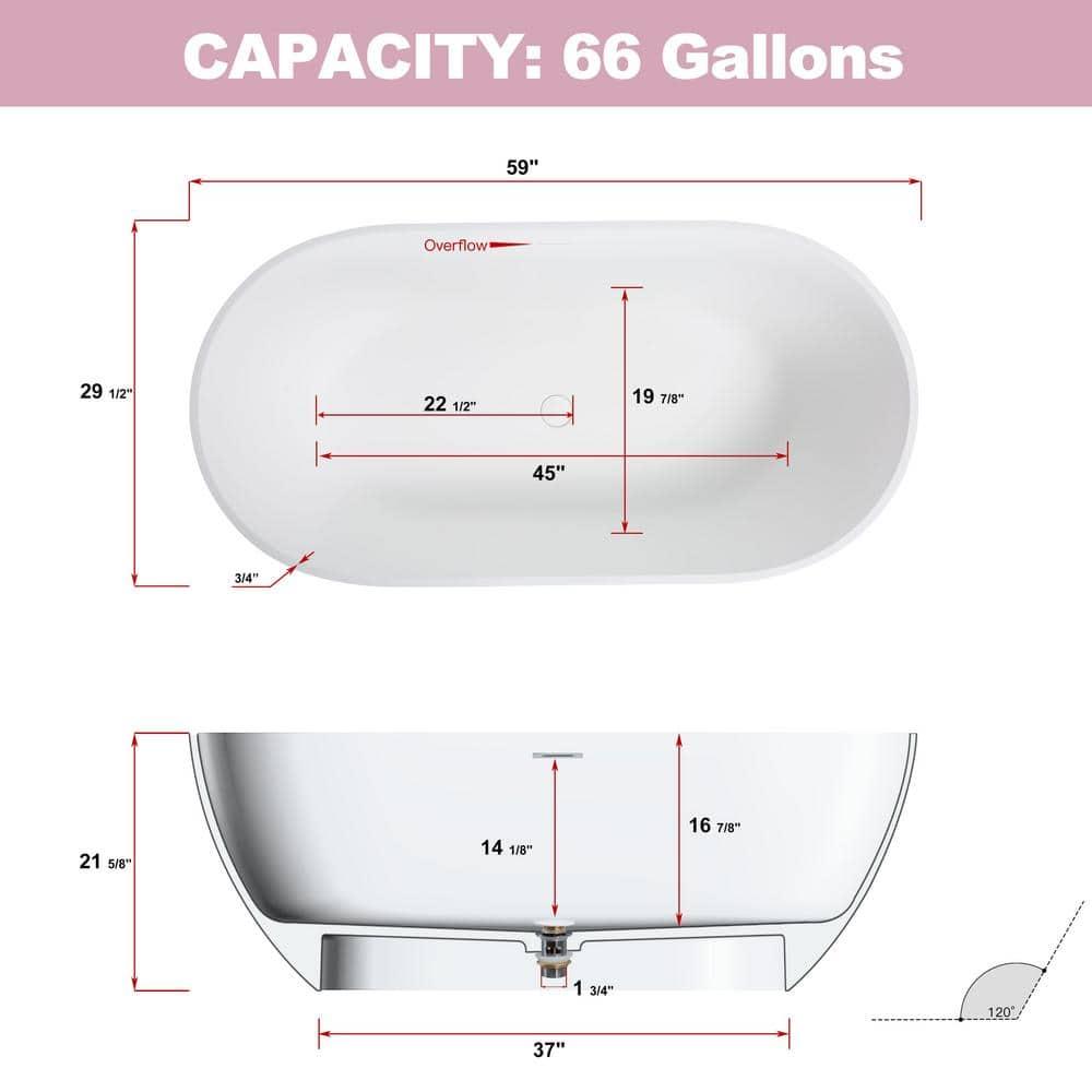 59" x 30" Freestanding Soaking Solid Surface Bathtub Stone Resin Bath Tub with Overflow and Pop-up Drain for Contemporary Bathroom, Glossy/Matte White
