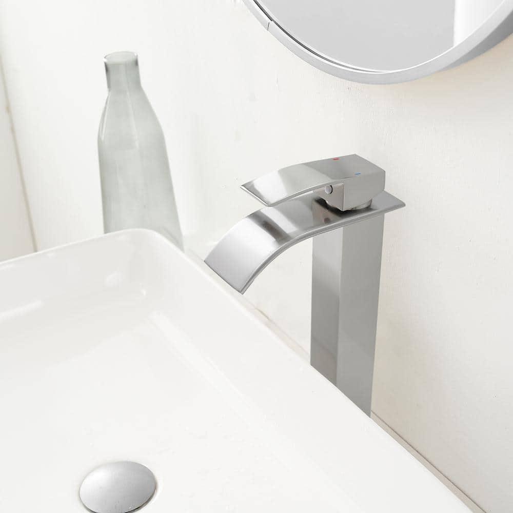 VOTON Vessel Sink Faucet Brushed Nickel Modern Tall Waterfall Bathroom Sink Faucet Single Handle Bathroom Faucet 1 Hole Bowl Lavatory Vanity Faucet, Rv Sink Camper Farmhouse Bathroom Faucet