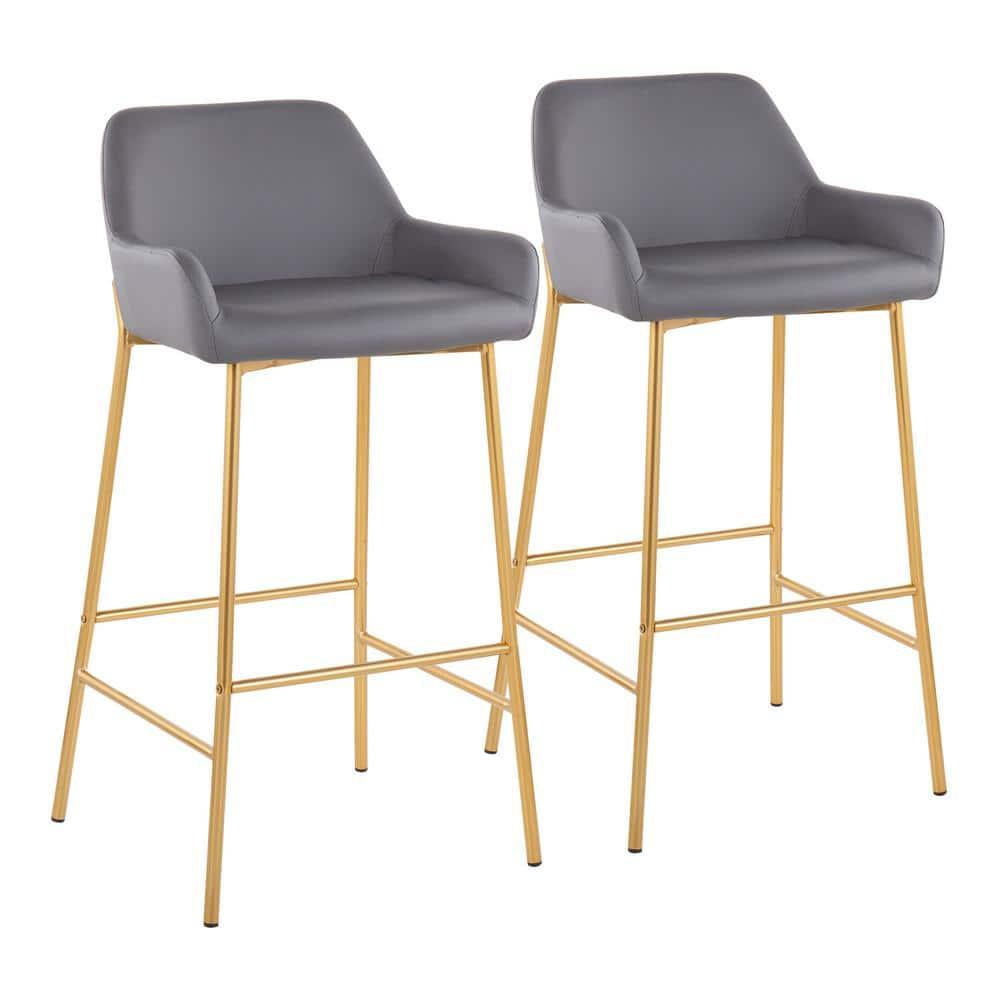 Set of 2 Daniella Metal Faux Leather Barstools Gold/Gray - LumiSource: Upholstered, Fixed Height, with Back