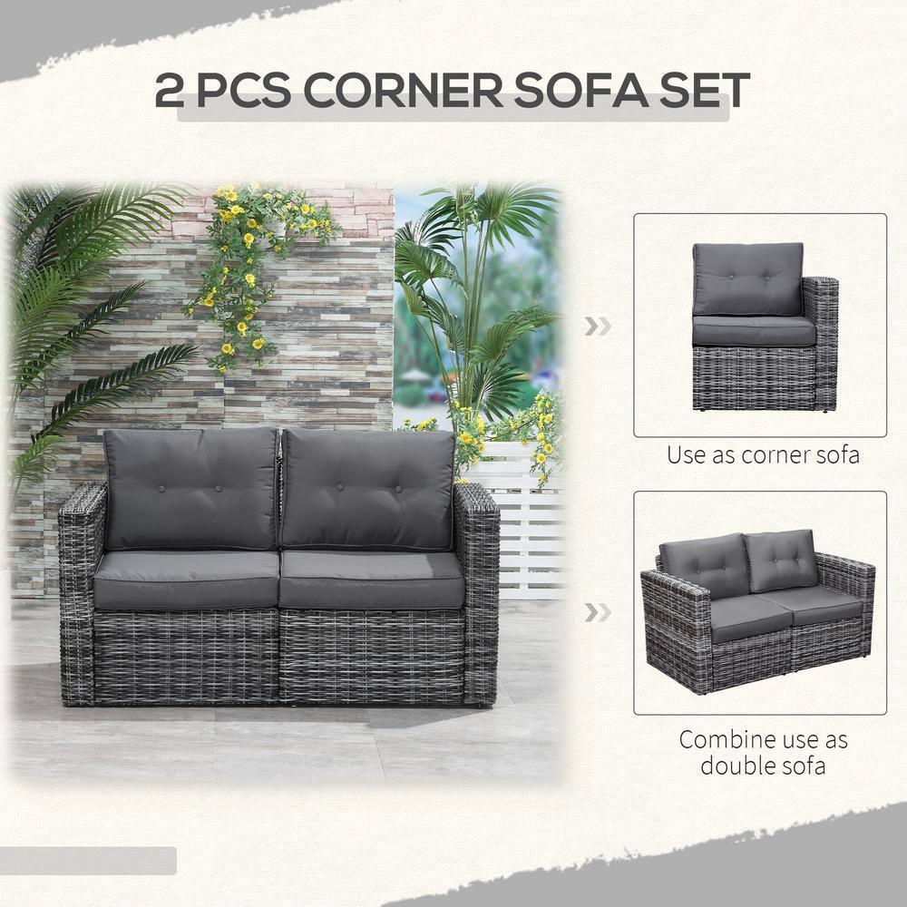 Outsunny 2 Piece Patio Wicker Corner Sofa Set, Outdoor PE Rattan Furniture, with Curved Armrests and Padded Cushions for Balcony, Gray