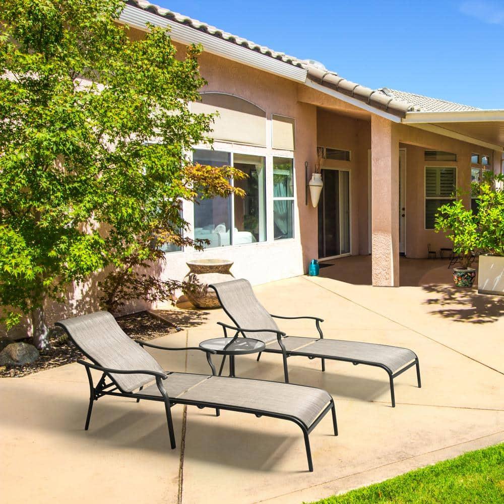 HAPPATIO Patio Chaise Lounge Set 3 Pieces,Patio Lounge Chair with Glass Coffee Table,Pool Lounge Chair with Breathable Textilene Fabric,Patio Chaise Lounge for Patio Backyard Poolside(Gray)