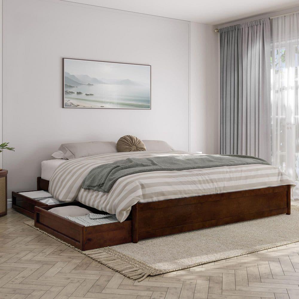 Barcelona King Solid Wood Panel Platform Bed with Storage Drawers in Walnut