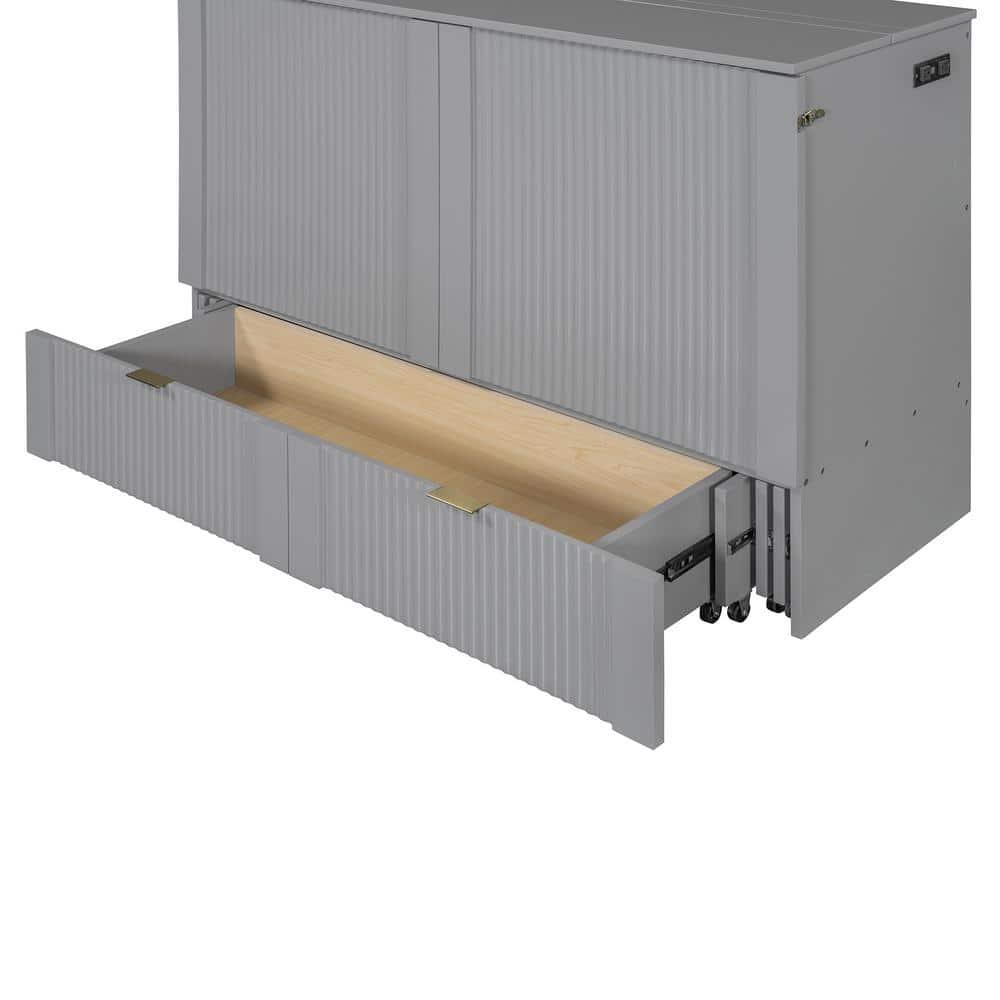 Gray Wood Frame Full Size Murphy Bed with A Spacious Drawer, USB Ports and Sockets, Pulley Structure Design